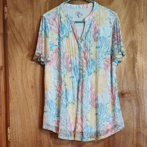 Kim Rogers Mesh Coral Print Popover Top Blue Yellow Pintuck Stretch Beachy Large
